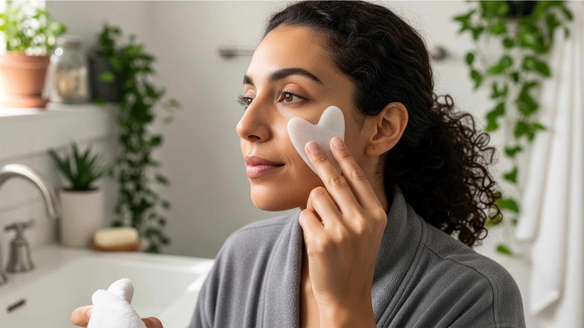 Woman using gua sha stone and face oil