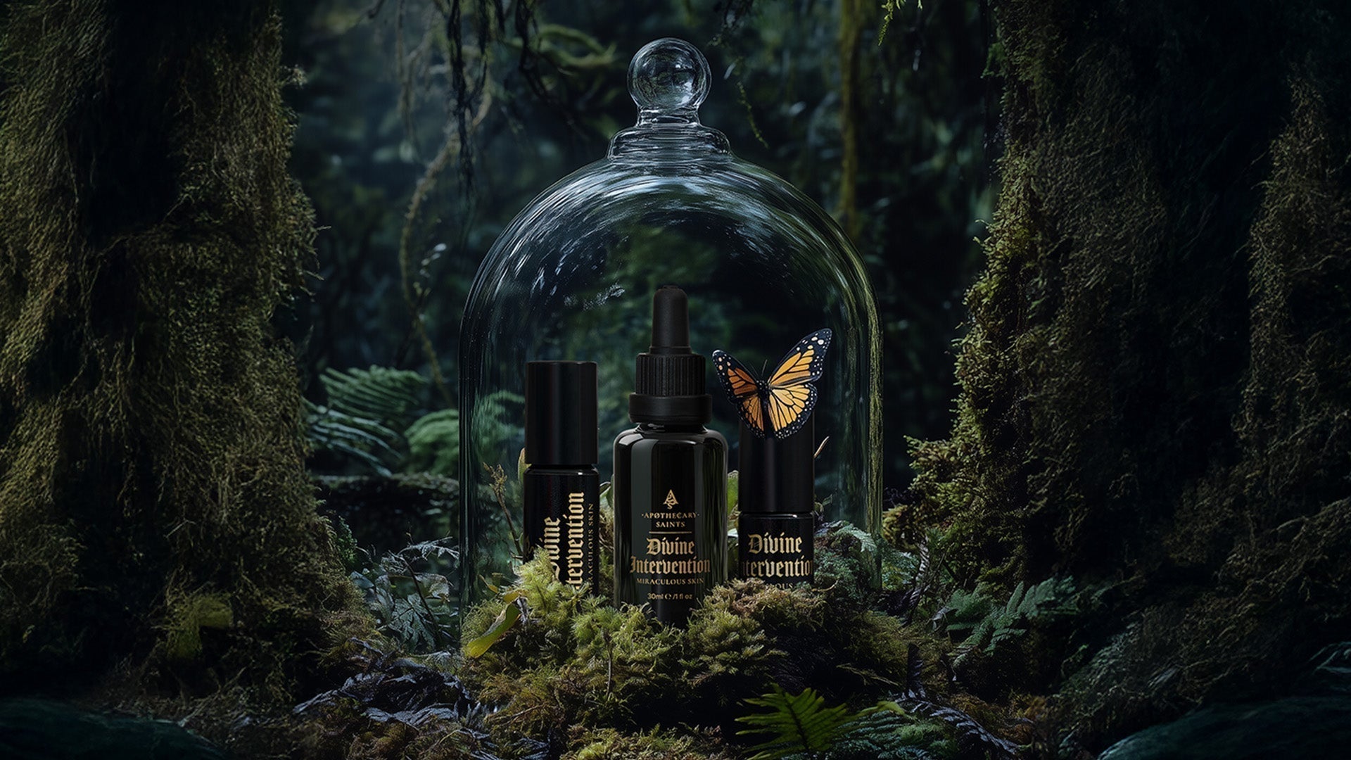 Divine Intervention face oil in a glass bell jar surrounded by moss and foliage