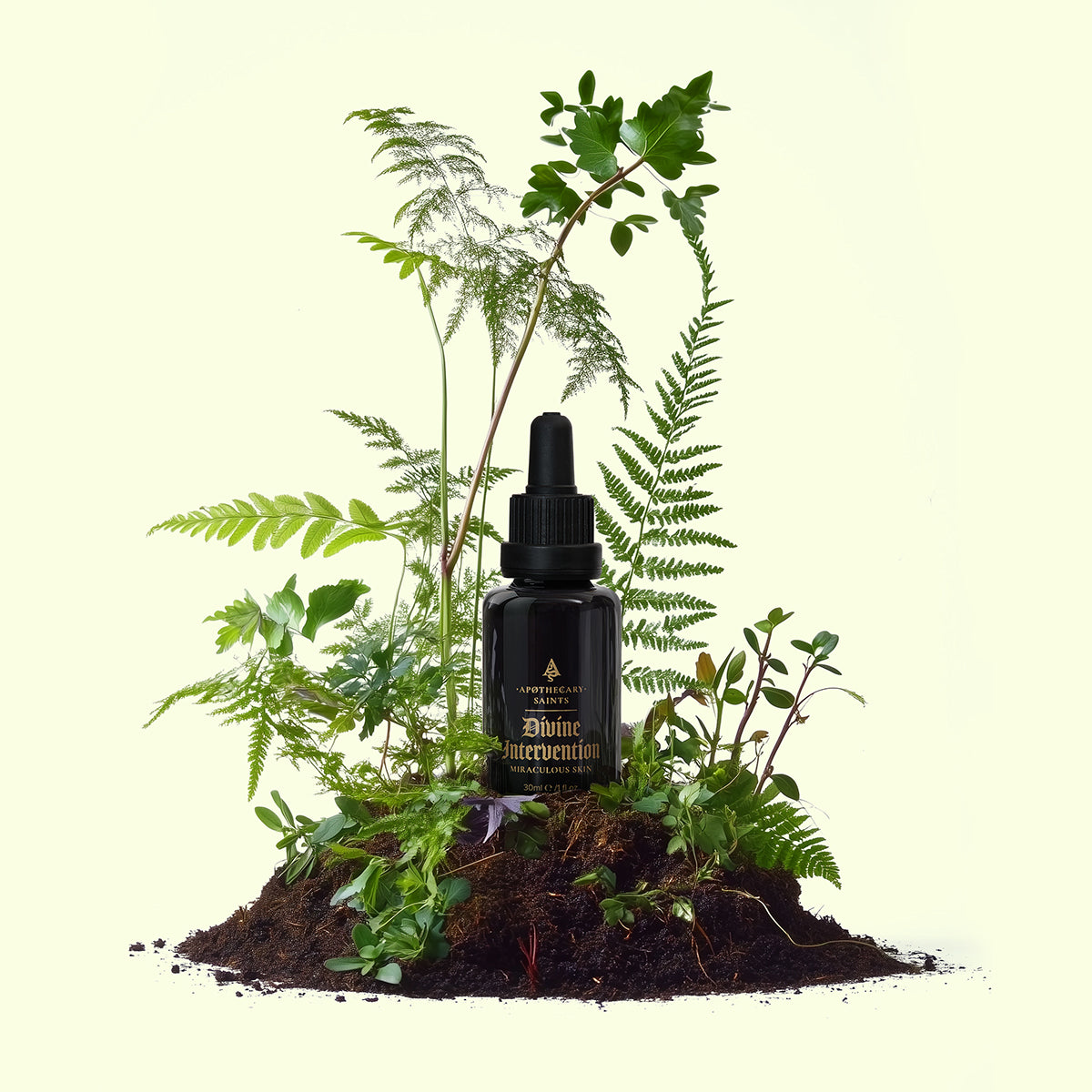 Bottle of Divine Intervention surrounded by plants on a beige background