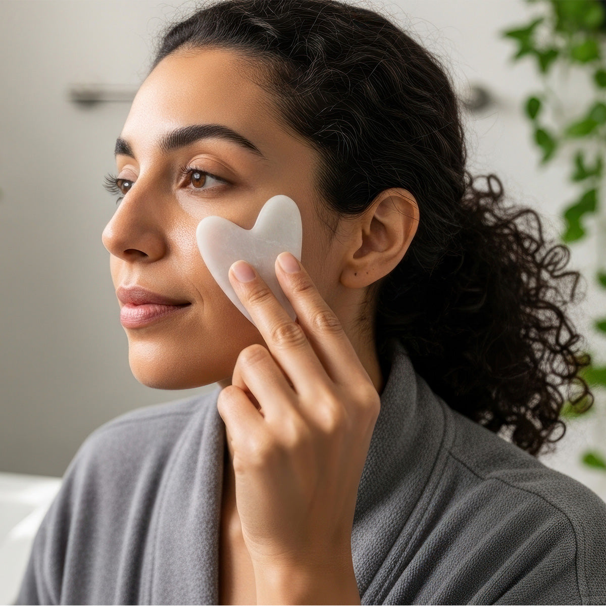 Woman using a gua sha stone