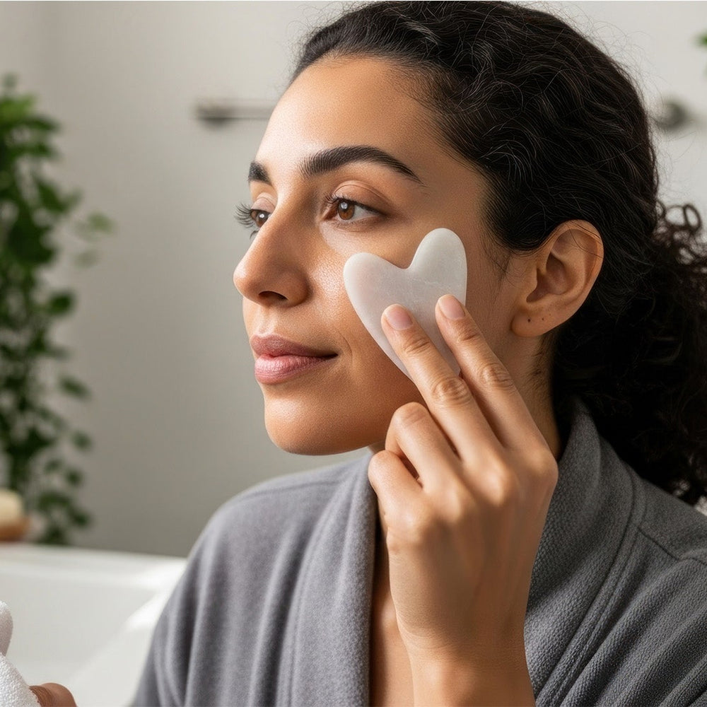 Woman using gua sha stone and face oil