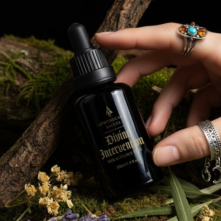 Hand holding Divine Intervention face oil bottle against a background of moss and plants.