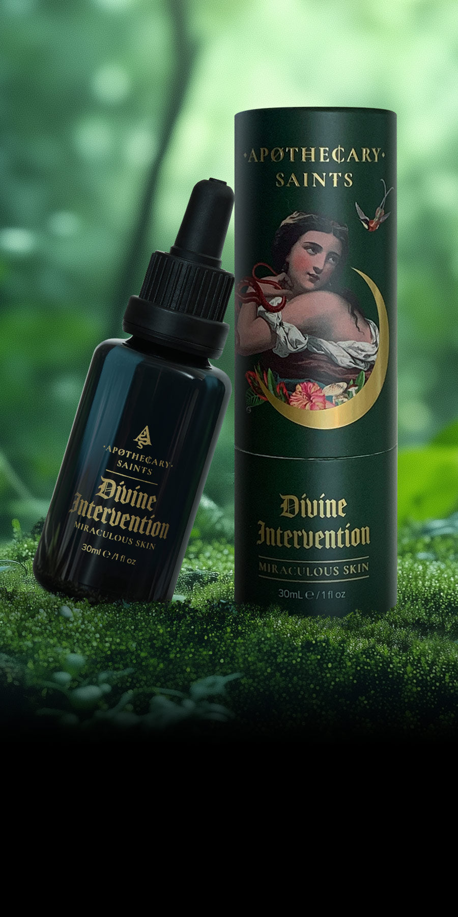 Apothecary Saints Divine Intervention skincare product on a grassy background