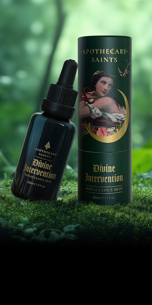 Apothecary Saints Divine Intervention skincare product on a grassy background