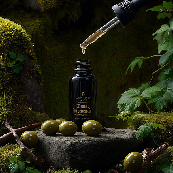 Bottle of Divine Intervention with a dropper and green olives on a natural background