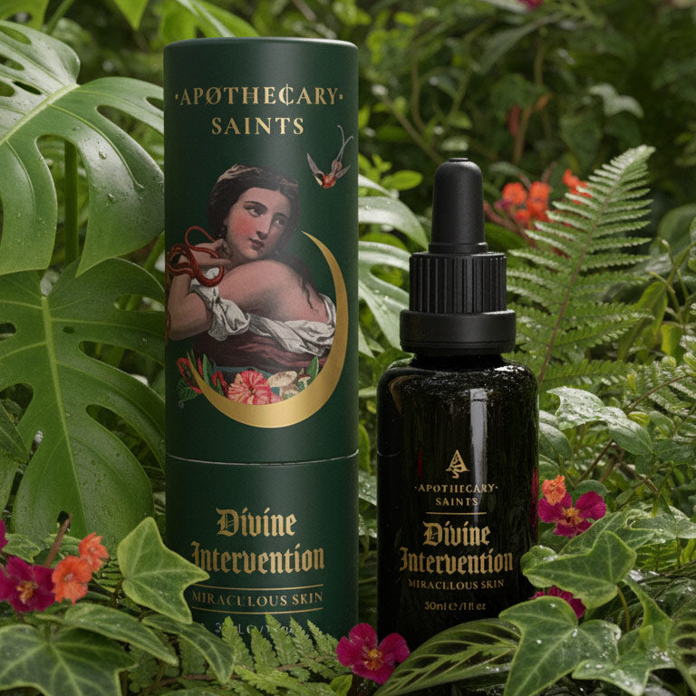 
                      
                        Apothecary Saints Divine Intervention skincare product with packaging against a natural background
                      
                    