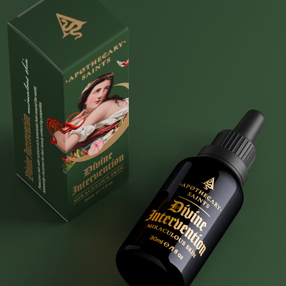 Divine Intervention 30ml Face Oil Bottle and Packaging Top View | Apothecary Saints