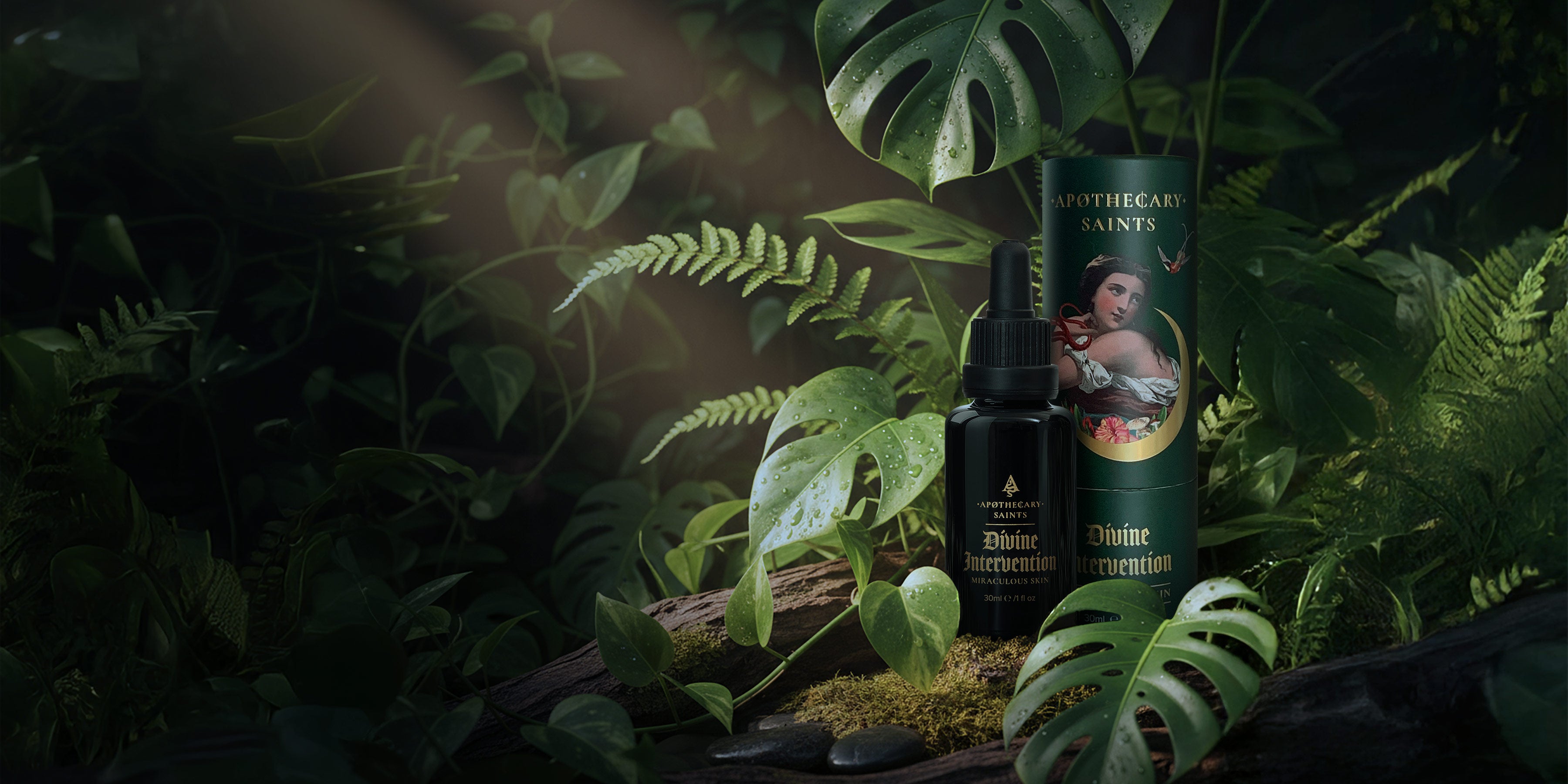 Bottle and packaging of Divine Intervention face oil in a natural background